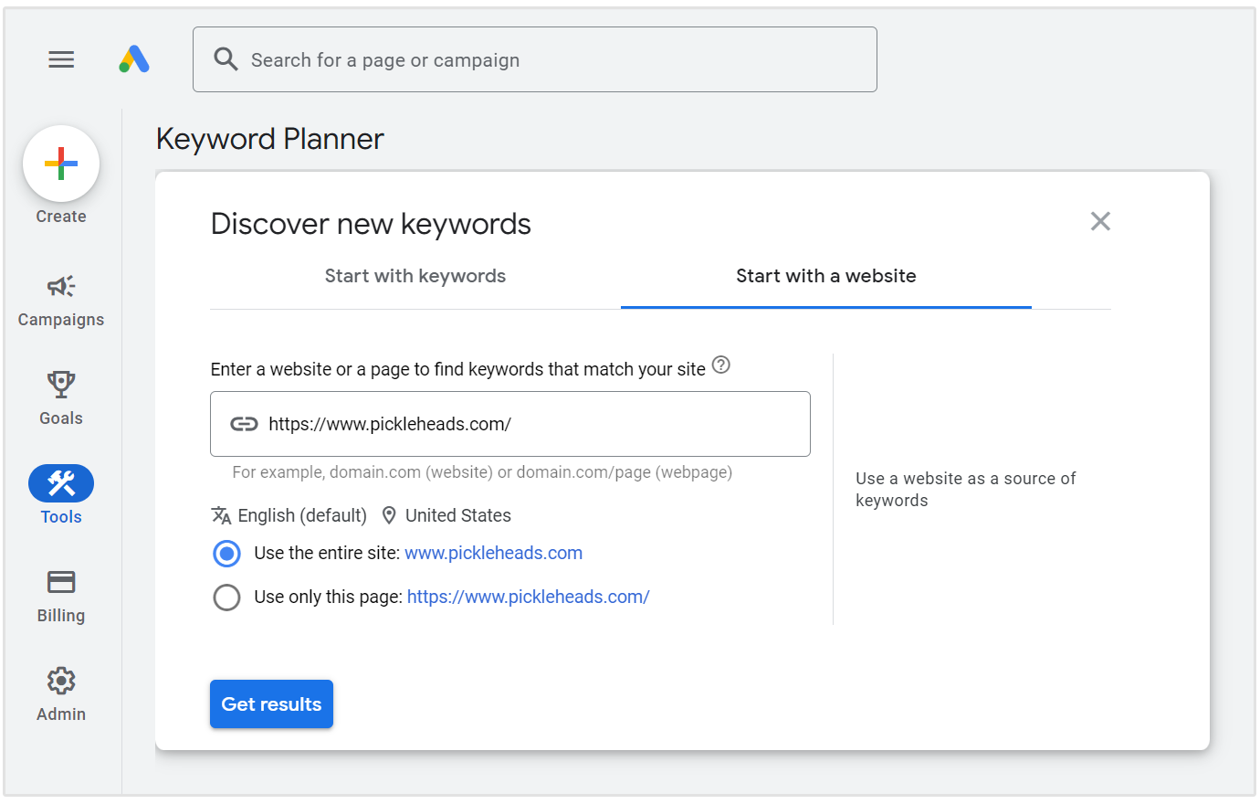 add website to google keyword planner